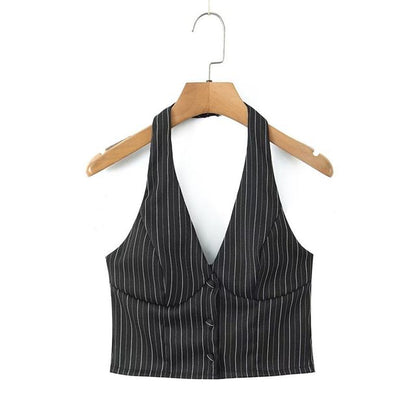 Halter V-Neck Pinstriped Button-Up Open Back Crop Vest / Mid Rise Layered Mini A-Line Skirt