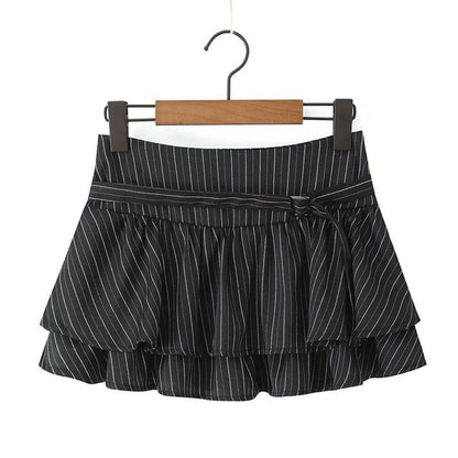 Halter V-Neck Pinstriped Button-Up Open Back Crop Vest / Mid Rise Layered Mini A-Line Skirt