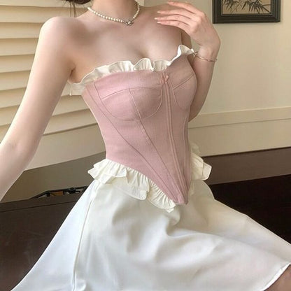 Contrast Frill Trim Crop Corset Tube Top / High Waist Plain Mini A-Line Skirt