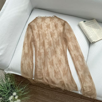 Sleeveless Mock Neck Ruffle Panel Cable Knit Maxi A-Line Dress / Long Sleeve Mock Neck Plain Lace Top