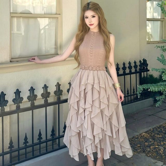 Sleeveless Mock Neck Ruffle Panel Cable Knit Maxi A-Line Dress / Long Sleeve Mock Neck Plain Lace Top