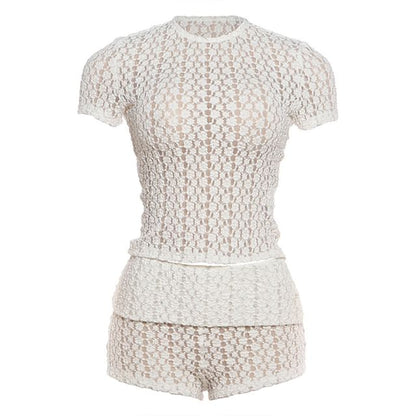 Set: Short-Sleeve Crewneck Lace Crop Top + Hot Pants