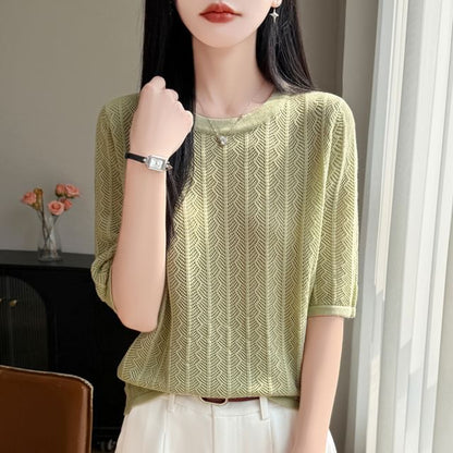 Perforated Elbow-Sleeve Knit Top