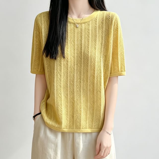 Perforated Elbow-Sleeve Knit Top