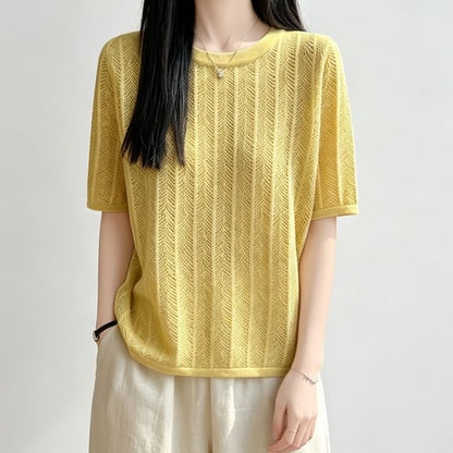 Perforated Elbow-Sleeve Knit Top