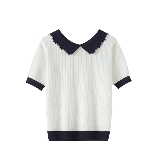 Contrast Collar Perforated Knit Top