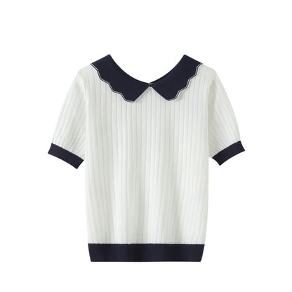 Contrast Collar Perforated Knit Top