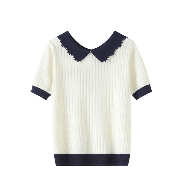 Contrast Collar Perforated Knit Top
