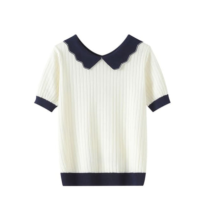Contrast Collar Perforated Knit Top