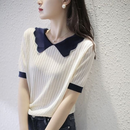 Contrast Collar Perforated Knit Top