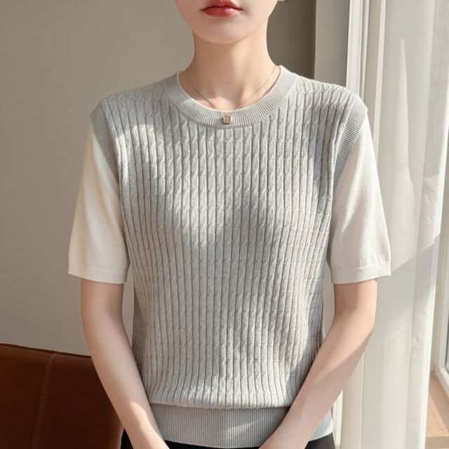 Two-Tone Knit Top with Elbow Sleeves