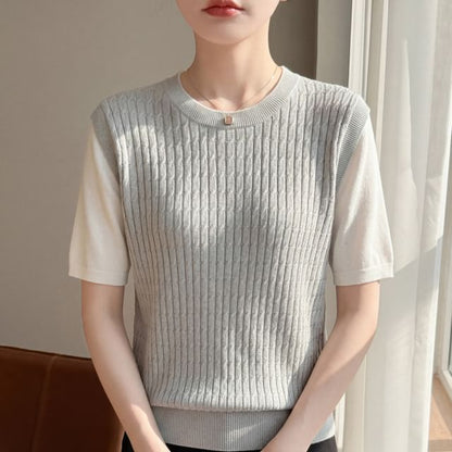 Two-Tone Knit Top with Elbow Sleeves