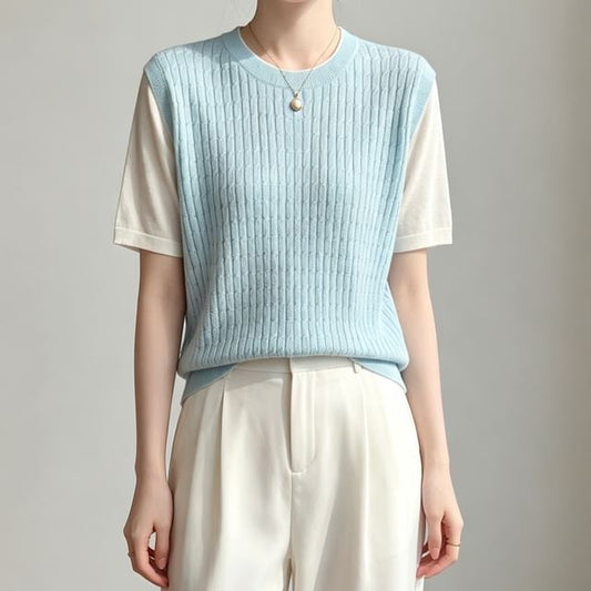 Two-Tone Knit Top with Elbow Sleeves