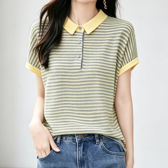 Contrast Collar Striped Knit Top