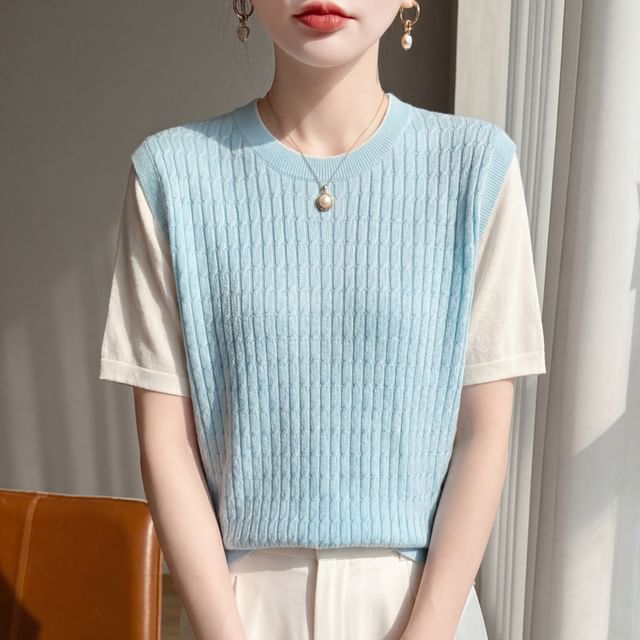 Two-Tone Knit Top with Elbow Sleeves