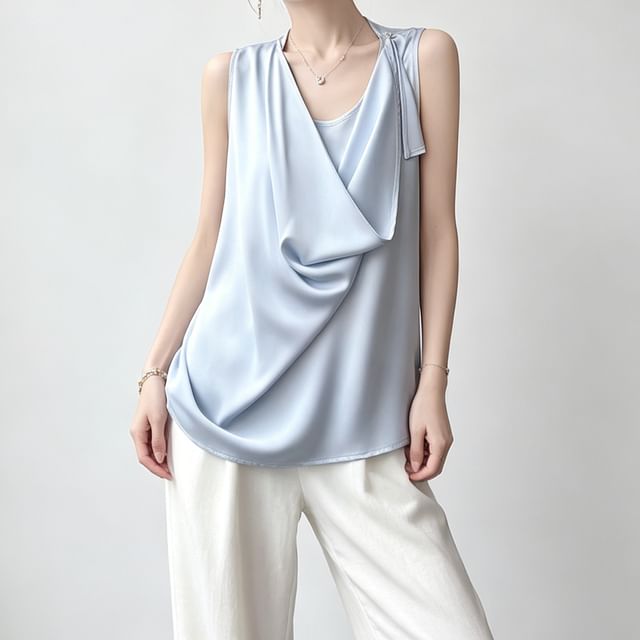 Asymmetrical Satin Tank with Scoop Neck