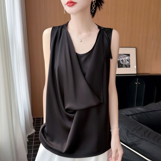 Asymmetrical Satin Tank with Scoop Neck