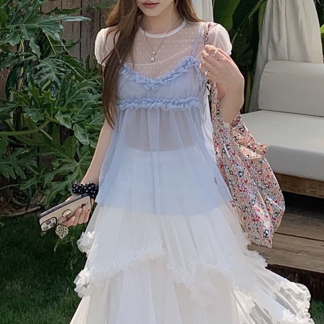 Dotted Mesh Top & Frill Maxi Skirt Set
