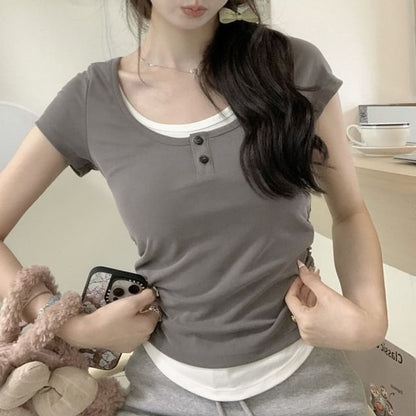 Scoop Neck Button Mock Two Piece Tee
