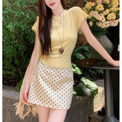 Short Sleeve Plain Slim-Fit Knit Top / High Waist Polka Dot Mini Skirt