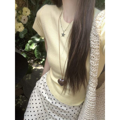 Short Sleeve Plain Slim-Fit Knit Top / High Waist Polka Dot Mini Skirt