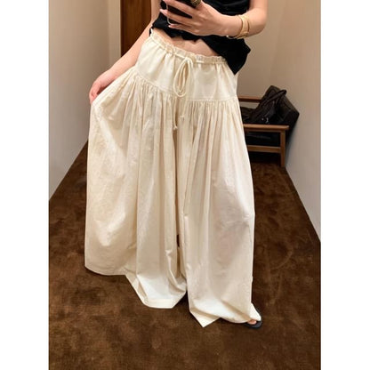 Low Waist Ruffled-Trim Plain Maxi A-Line Skirt