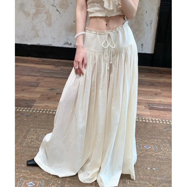 Low Waist Ruffled-Trim Plain Maxi A-Line Skirt