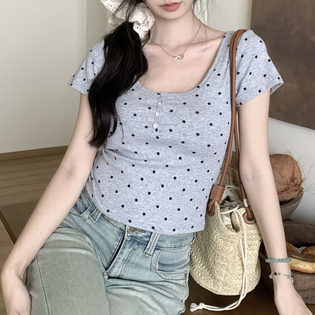 Polka Dot Scoop Neck Cropped Tee