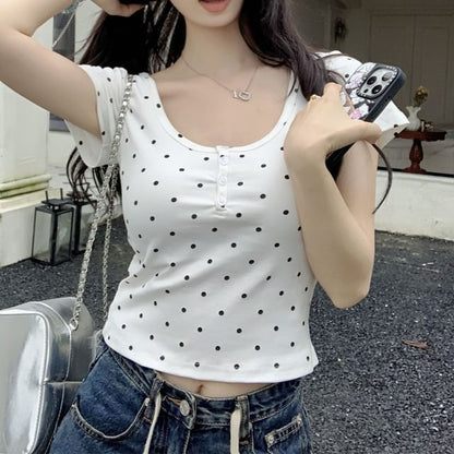 Polka Dot Scoop Neck Cropped Tee