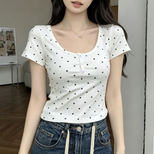 Polka Dot Scoop Neck Cropped Tee