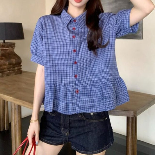 Plaid Button Down Shirt with Ruffle Trim