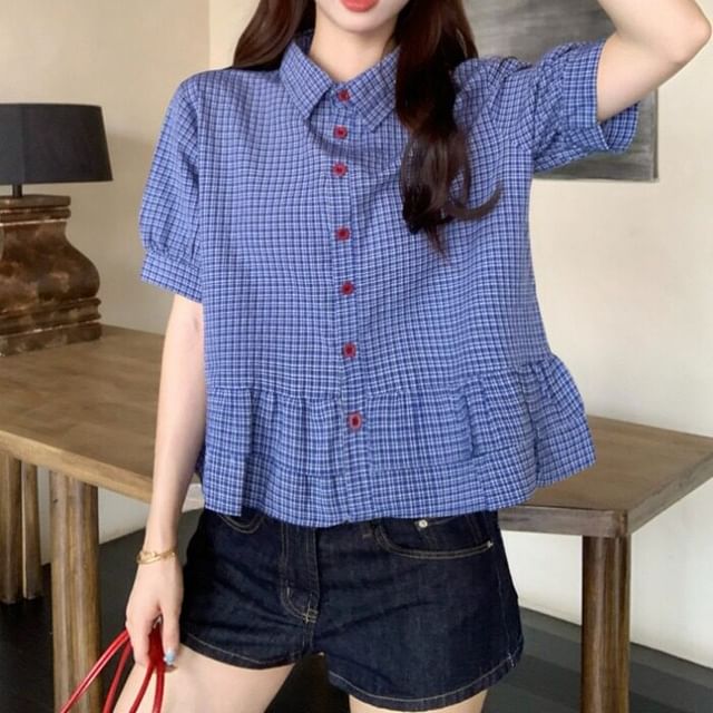 Plaid Button Down Shirt with Ruffle Trim