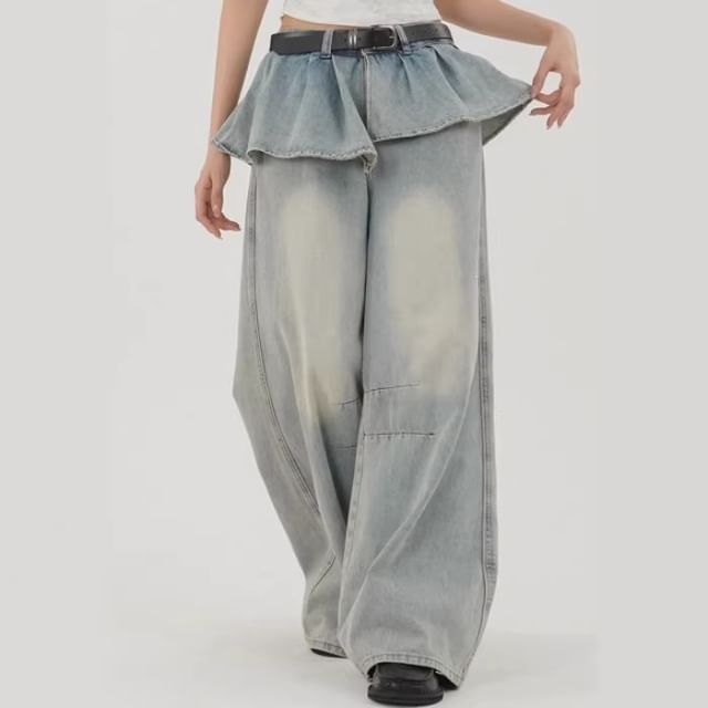 Mid Rise Washed Skirt Overlay Wide Leg Jeans