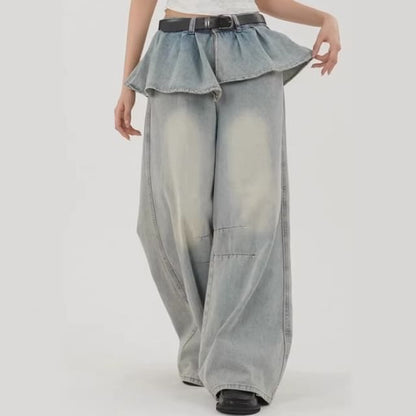 Mid Rise Washed Skirt Overlay Wide Leg Jeans