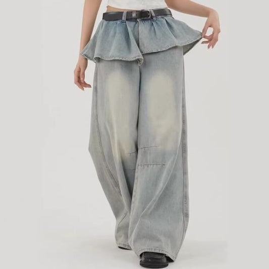 Mid Rise Washed Skirt Overlay Wide Leg Jeans