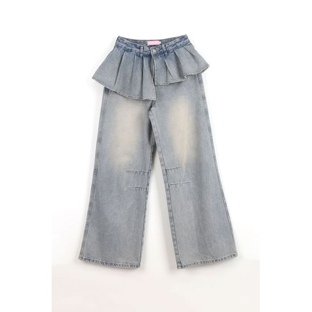 Mid Rise Washed Skirt Overlay Wide Leg Jeans