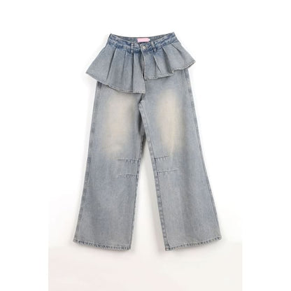 Mid Rise Washed Skirt Overlay Wide Leg Jeans