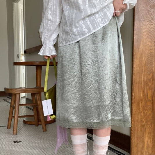 Elastic Waist Plain Lace Trim Satin Midi A-Line Skirt