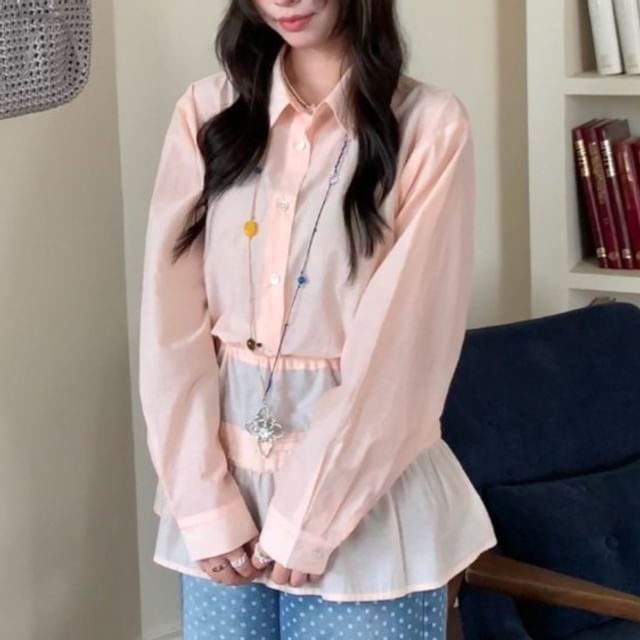 Set: Long Sleeve Collared Plain Shirt + Tie-Waist Overlay Skirt