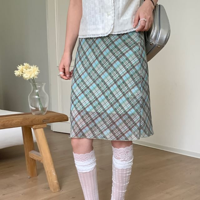 High Waist Plaid Mesh A-Line Skirt