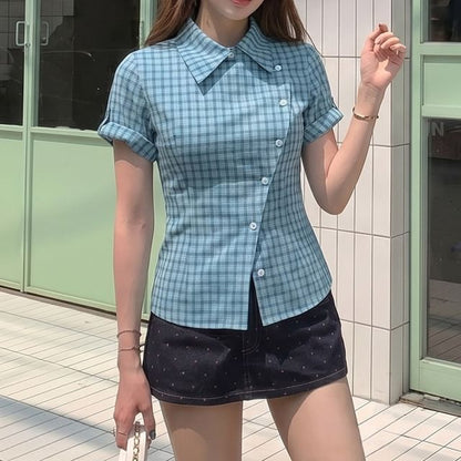 Plaid Asymmetrical Button Up Blouse