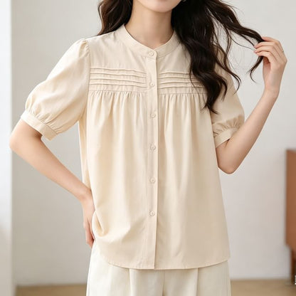 Stand Collar Pleated Shirt with Sleeve Options
