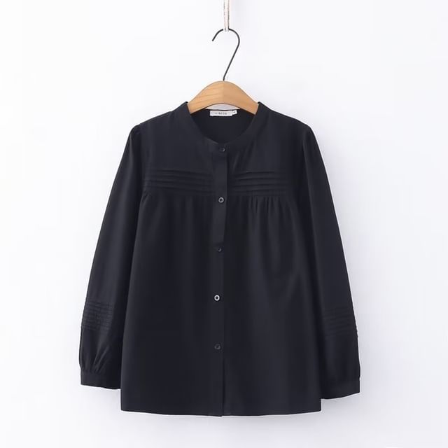 Stand Collar Pleated Shirt with Sleeve Options