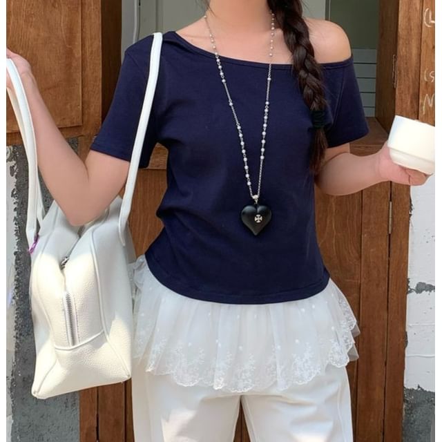 Short-Sleeve Off-Shoulder Lace Panel T-Shirt