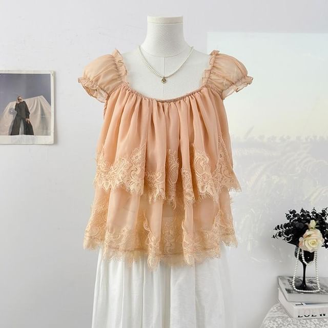 Square Neck Lace Panel Layered Blouse