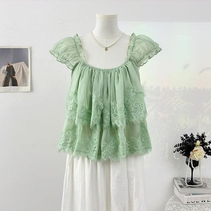 Square Neck Lace Panel Layered Blouse