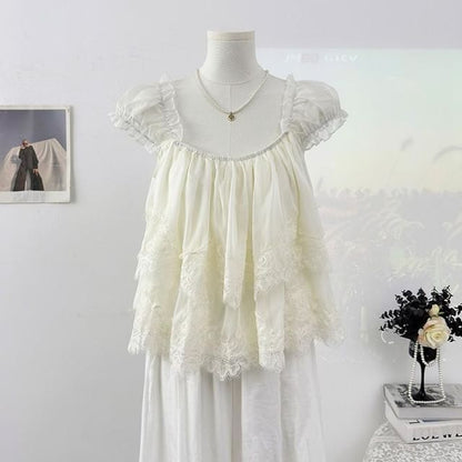 Square Neck Lace Panel Layered Blouse