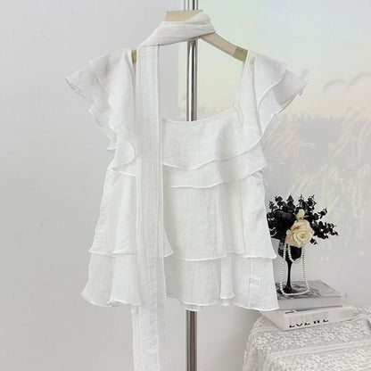 Square Neck Ruffle Blouse with Scarf Set