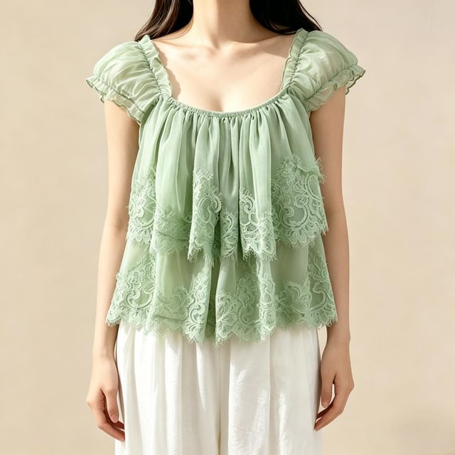 Square Neck Lace Panel Layered Blouse