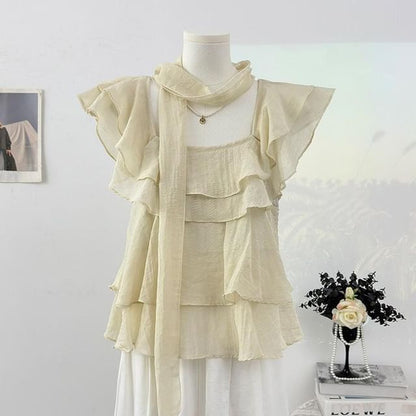 Square Neck Ruffle Blouse with Scarf Set